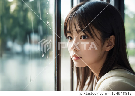 Girl looking out the window at the rain 124948812