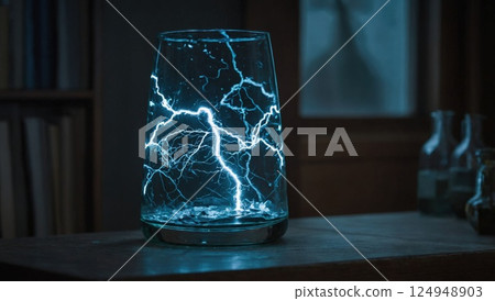 Electricity Phenomenon Captured in Transparent Glass on a Wooden Surface 124948903