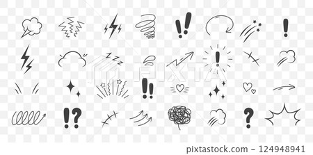 Anime Emotion effect. Doodle manga icons. Idea and exclamation symbol. Pop art clipart. Scribble vector illustration on transparent background 124948941