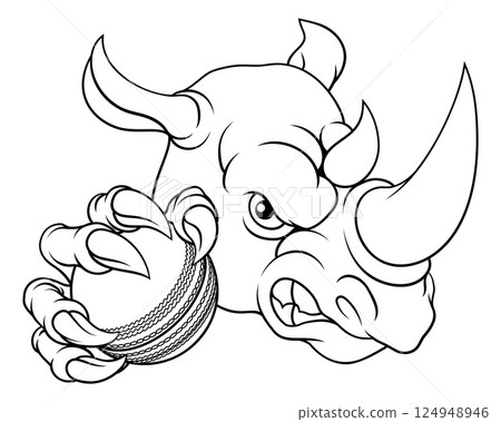 Rhino Rhinoceros Cricket Cartoon Sports Mascot Rhino Rhinoceros Cricket Cartoon Sports Mascot 124948946