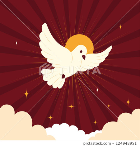 Pentecost Sunday Holy Spirit. White Dove with Halo. Card square Banner Poster for Biblical Series Vector Illustration. Divine symbolism for Pentecost or Ascension Day 124948951