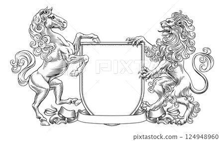 Heraldic Crest Lion Horse Coat Of Arms Shield Heraldic Crest Lion Horse Coat Of Arms Shield 124948960