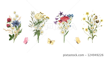 Watercolor bouquet of wild flowers, grass, butterfly. Illustration poppy, chamomile, clover, buttercup, cornflower, ranunculus, tansy, globeflower hand drawn for cards, greeting, cosmetics, products 124949226