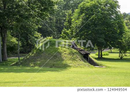 A reconstructed earth-roofed house in Goshono Jomon Park at the Goshono Ruins, a World Heritage Site 124949504