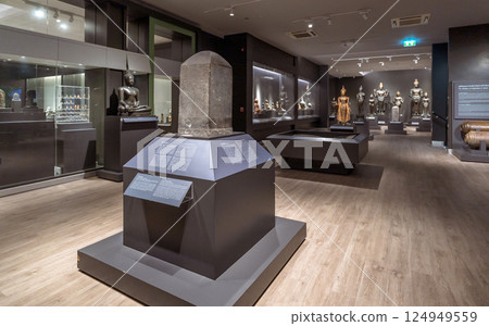 Ancient stone inscription stele with historic script on display at National Museum Bangkok Reflecting Thailand cultural and linguistic heritage 124949559