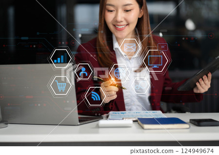 Digital marketing media in virtual icon globe shape business open his hand, working touch screen tablet. Digital marketing media in virtual icon globe shape business open his hand, working touch screen tablet. 124949674
