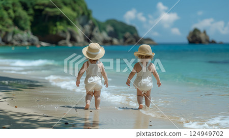 Two foreign toddlers walking on the beach Two foreign toddlers walking on the beach 124949702