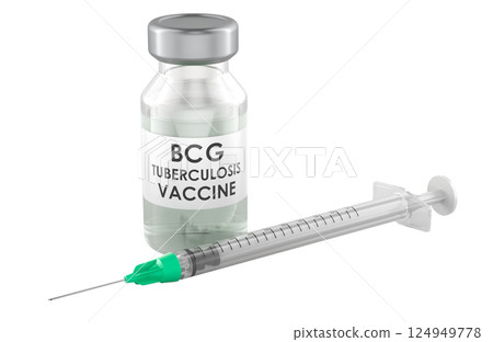 BCG vaccine, from tuberculosis. Vaccine in vial with syringe. 3D rendering BCG vaccine, from tuberculosis. Vaccine in vial with syringe. 3D rendering 124949778