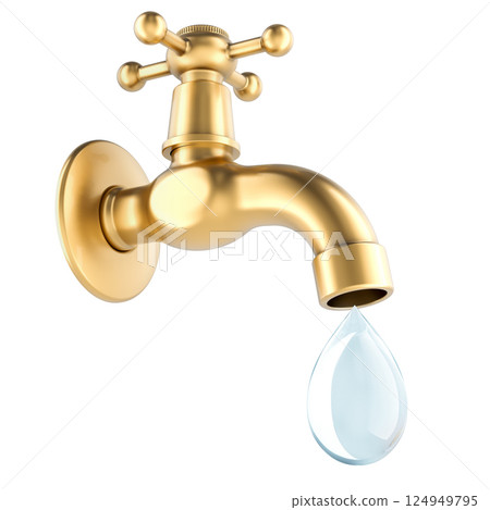 Water tap from golden, copper or brass with dripping drop. 3D rendering 124949795