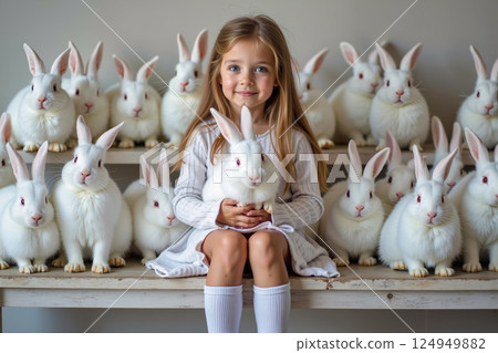 A little girl sitting on a bench surrounded by white rabbits 124949882