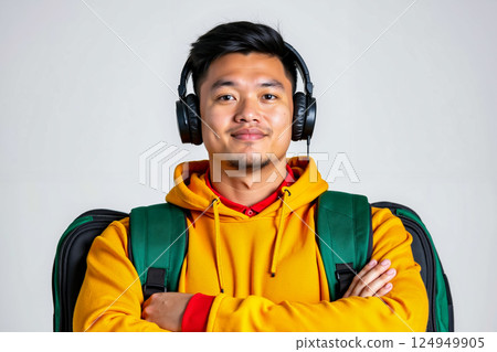A man wearing headphones and a yellow hoodie with his arms crossed A man wearing headphones and a yellow hoodie with his arms crossed 124949905