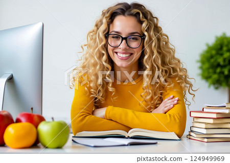 A woman sitting at a desk with books and a computer A woman sitting at a desk with books and a computer 124949969
