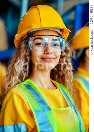 A woman wearing a hard hat and safety glasses A woman wearing a hard hat and safety glasses 124949985