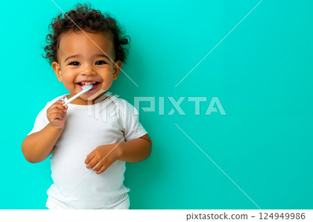 A small child brushing his teeth with a toothbrush A small child brushing his teeth with a toothbrush 124949986