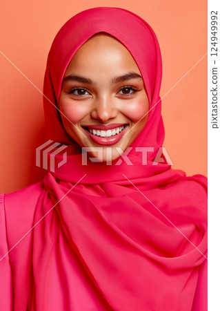 A woman wearing a pink hijab smiles at the camera 124949992