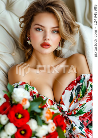 A woman in a floral dress sitting on a couch with flowers 124949999