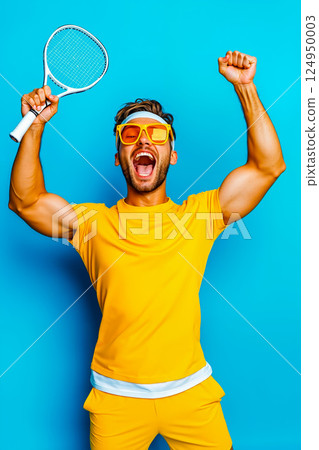 A man in a yellow shirt holding a tennis racket and wearing sunglasses 124950003