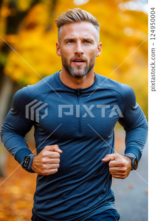 A man in a blue shirt is jogging in the park 124950004
