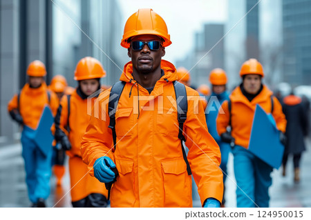 A group of construction workers walking down a city street 124950015