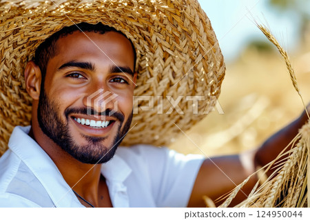 A man wearing a straw hat smiles at the camera 124950044
