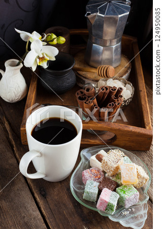 Traditional Turkish delight food background. Assorted. Sweet delicious lukum 124950085