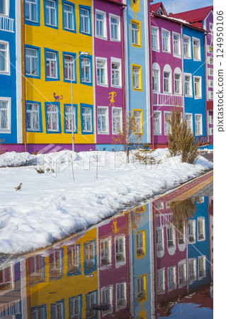 Colorful bright house. The building of the school and kindergarten. Architecture of Ukraine. Ukrainian village. 124950106