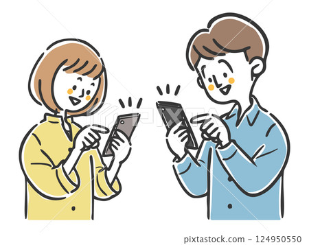 Couple using smartphones, upper body, vector 124950550