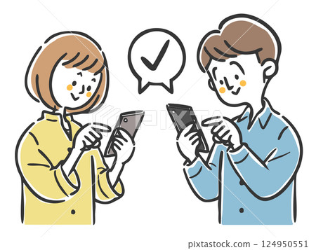Couple operating a smartphone, upper body, vector 124950551