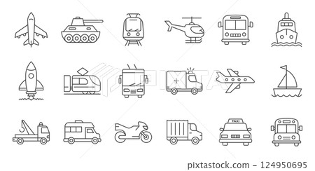 Transport icons set in line stroke flat style. Transportation vector illustration on isolated background. Vehicle sign business concept. 124950695