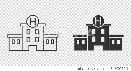 Hospital building icon in flat style. Medical clinic vector illustration on isolated background. Medicine sign business concept. Hospital building icon in flat style. Medical clinic vector illustration on isolated background. Medicine sign business concept. 124950794