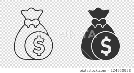 Money bag icon in flat style. Moneybag vector illustration on isolated background. Coin sack sign business concept. 124950938
