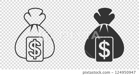 Money bag icon in flat style. Moneybag vector illustration on isolated background. Coin sack sign business concept. 124950947