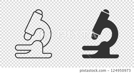 Microscope icon in flat style. Laboratory magnifier vector illustration on isolated background. Biology instrument sign business concept. 124950973