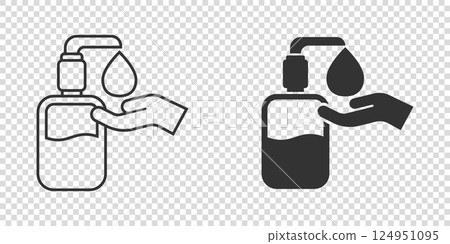 Hand sanitizer icon in flat style. Antiseptic bottle vector illustration on isolated background. Disinfect gel sign business concept. Hand sanitizer icon in flat style. Antiseptic bottle vector illustration on isolated background. Disinfect gel sign business concept. 124951095