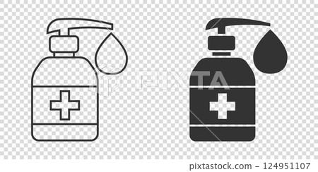 Hand sanitizer icon in flat style. Antiseptic bottle vector illustration on isolated background. Disinfect gel sign business concept. 124951107