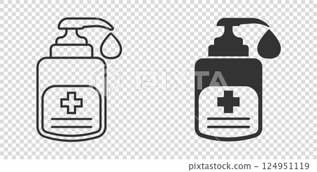 Hand sanitizer icon in flat style. Antiseptic bottle vector illustration on isolated background. Disinfect gel sign business concept. 124951119