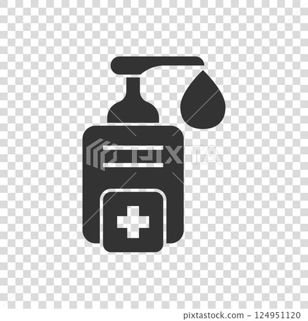Hand sanitizer icon in flat style. Antiseptic bottle vector illustration on isolated background. Disinfect gel sign business concept. 124951120