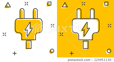 Electric plug icon in comic style. Power adapter cartoon vector illustration on white isolated background. Electrician splash effect sign business concept. Electric plug icon in comic style. Power adapter cartoon vector illustration on white isolated background. Electrician splash effect sign business concept. 124951130