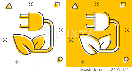 Eco energy icon in comic style. Leaf plug cartoon vector illustration on white isolated background. Electrician splash effect sign business concept. Eco energy icon in comic style. Leaf plug cartoon vector illustration on white isolated background. Electrician splash effect sign business concept. 124951145