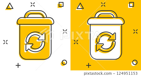 Garbage bin icon in comic style. Recycle cartoon vector illustration on white isolated background. Trash basket splash effect sign business concept. 124951153