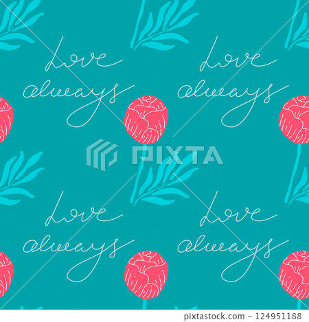 Floral seamless pattern with pink flower and lettering. Botanical colorful illustration on blue background. Pattern for textile, packing, wrapping paper. 124951188