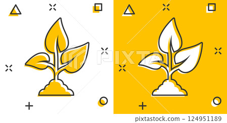 Leaf icon in comic style. Plant cartoon vector illustration on white isolated background. Flower splash effect sign business concept. 124951189