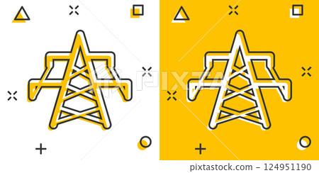 Electric tower icon in comic style. Power station cartoon vector illustration on white isolated background. High voltage splash effect sign business concept. Electric tower icon in comic style. Power station cartoon vector illustration on white isolated background. High voltage splash effect sign business concept. 124951190