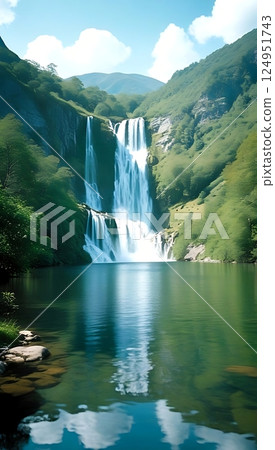 Majestic Waterfall Cascade in a Serene Mountain Setting 1-2 124951743