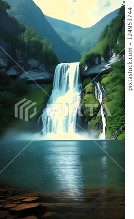 Majestic Waterfall Cascade in a Serene Mountain Setting 1-1 124951744