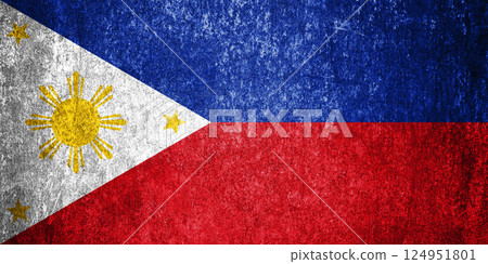 Banner of the grunge Philippines state flag. Dirty Philippines flag on a metal surface. Banner of the grunge Philippines state flag. Dirty Philippines flag on a metal surface. 124951801