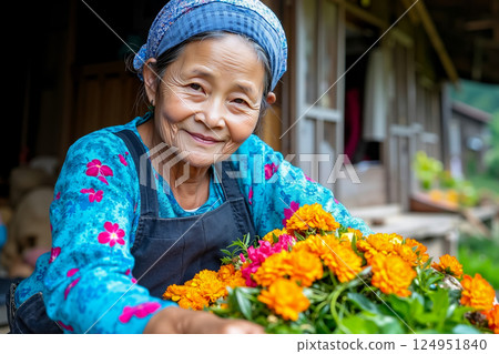 A woman in an apron holding a bunch of flowers 124951840