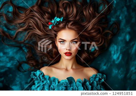 A woman with long brown hair and a flower in her hair 124951851