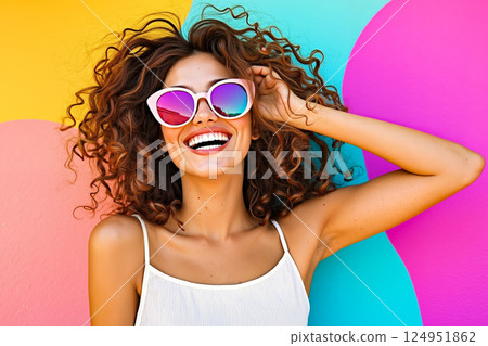 A woman with curly hair wearing sunglasses and smiling 124951862