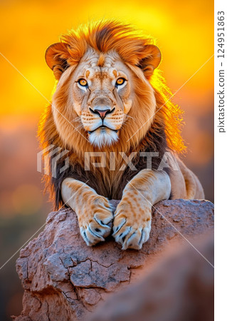 A lion laying on top of a rock in the desert 124951863